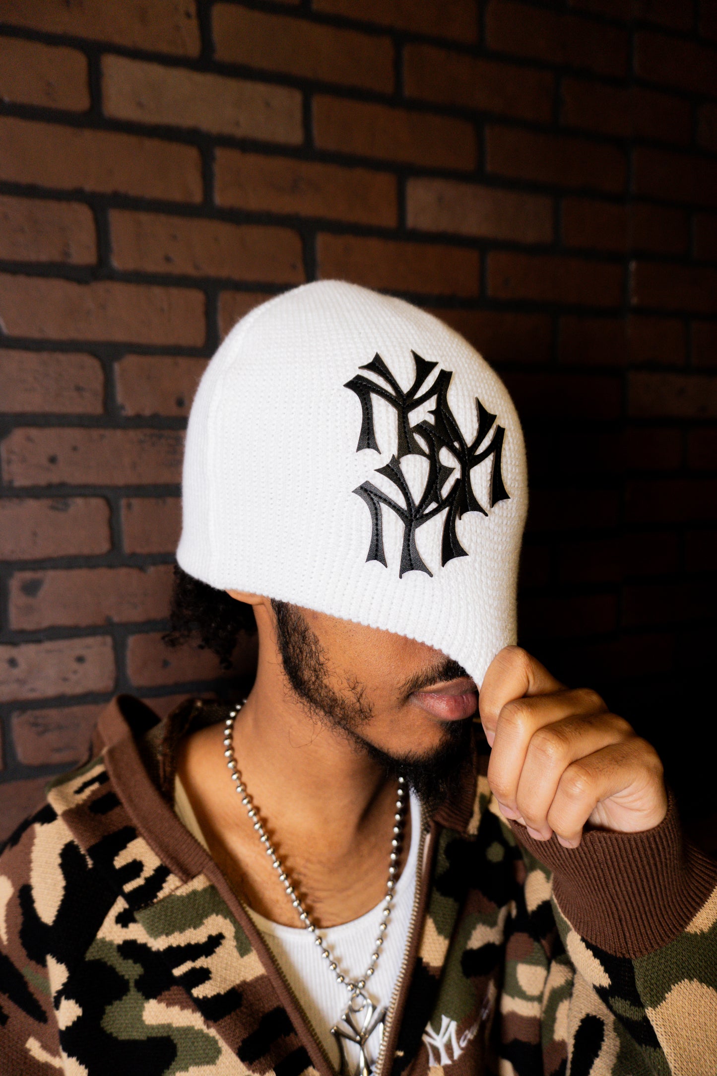 White Knit Patch Beanie