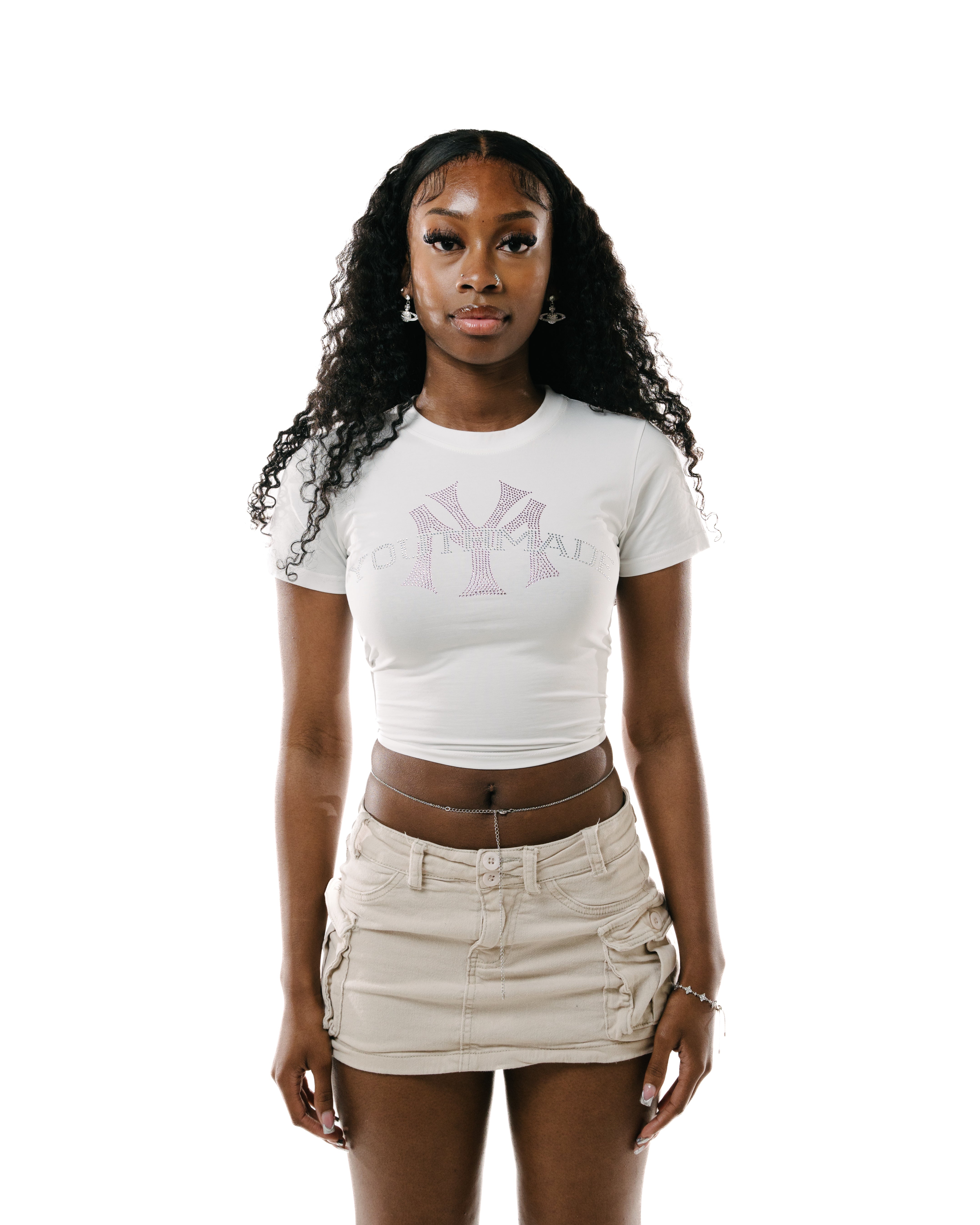 RHINESTONE OG LABEL BABY TEE WHITE Mサイズ RHINESTONE OG LABEL BABY TEE WHITE – BlackEyePatch